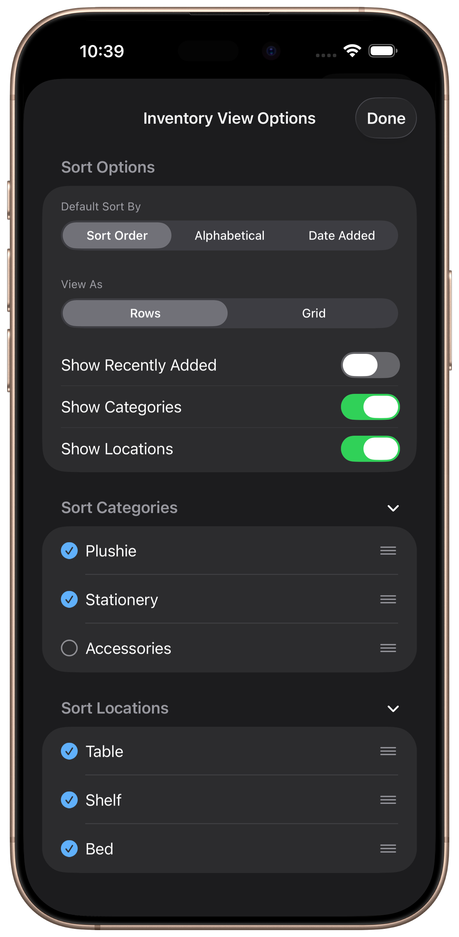 Inventory Options View Screenshot